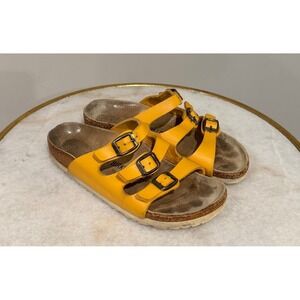 Birkenstock Florida Birko-Flor Yellow Leather Three Strap Buckle Sandals Size 36